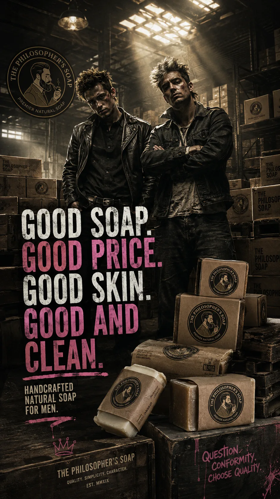 The Philosopher's Soap campaign concept in a warehouse setting